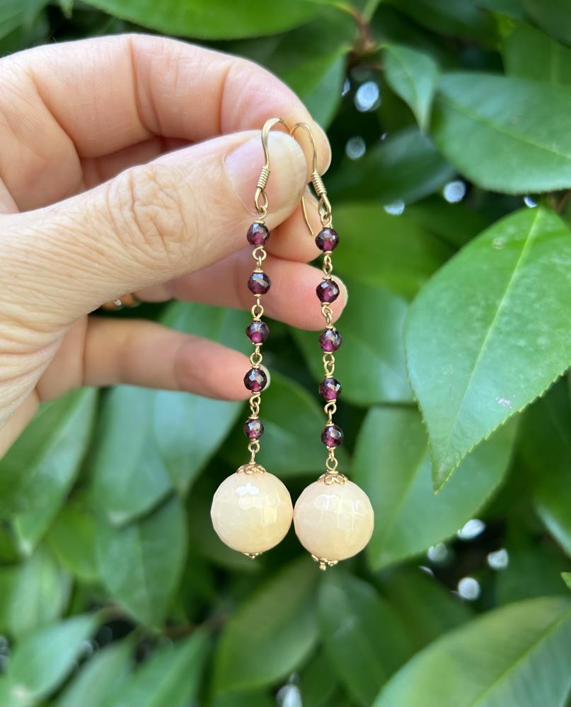 Peach Agate and Burgundy Zirconia Earrings