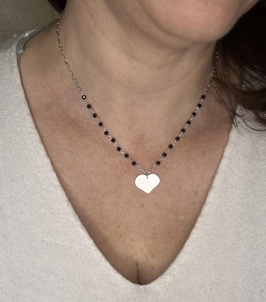 Natural silver necklace with black spinel and heart