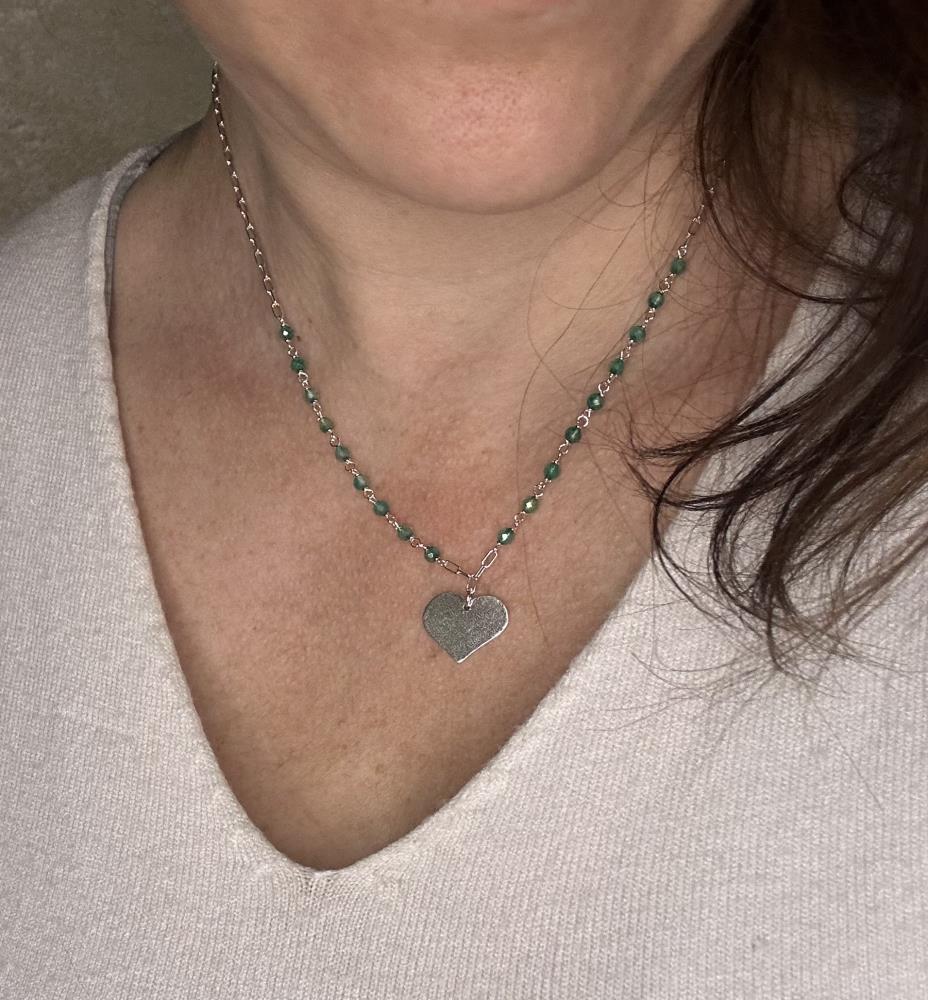 Necklace in natural silver, green agate and heart