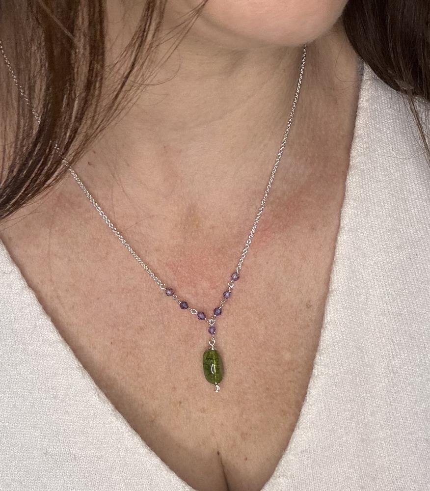 Natural silver necklace with purple zircons and green tourmaline