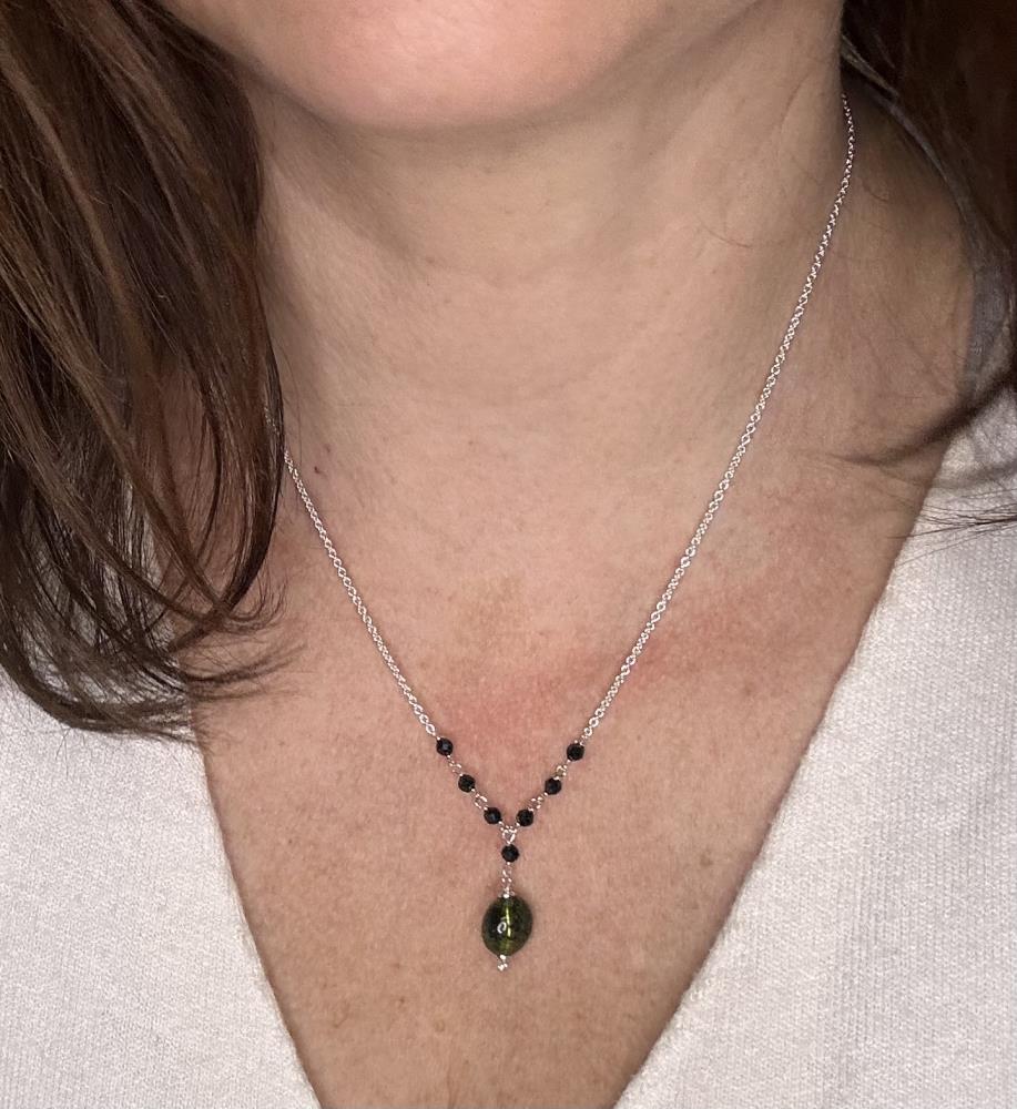 Natural silver necklace with black spinel and green tourmaline