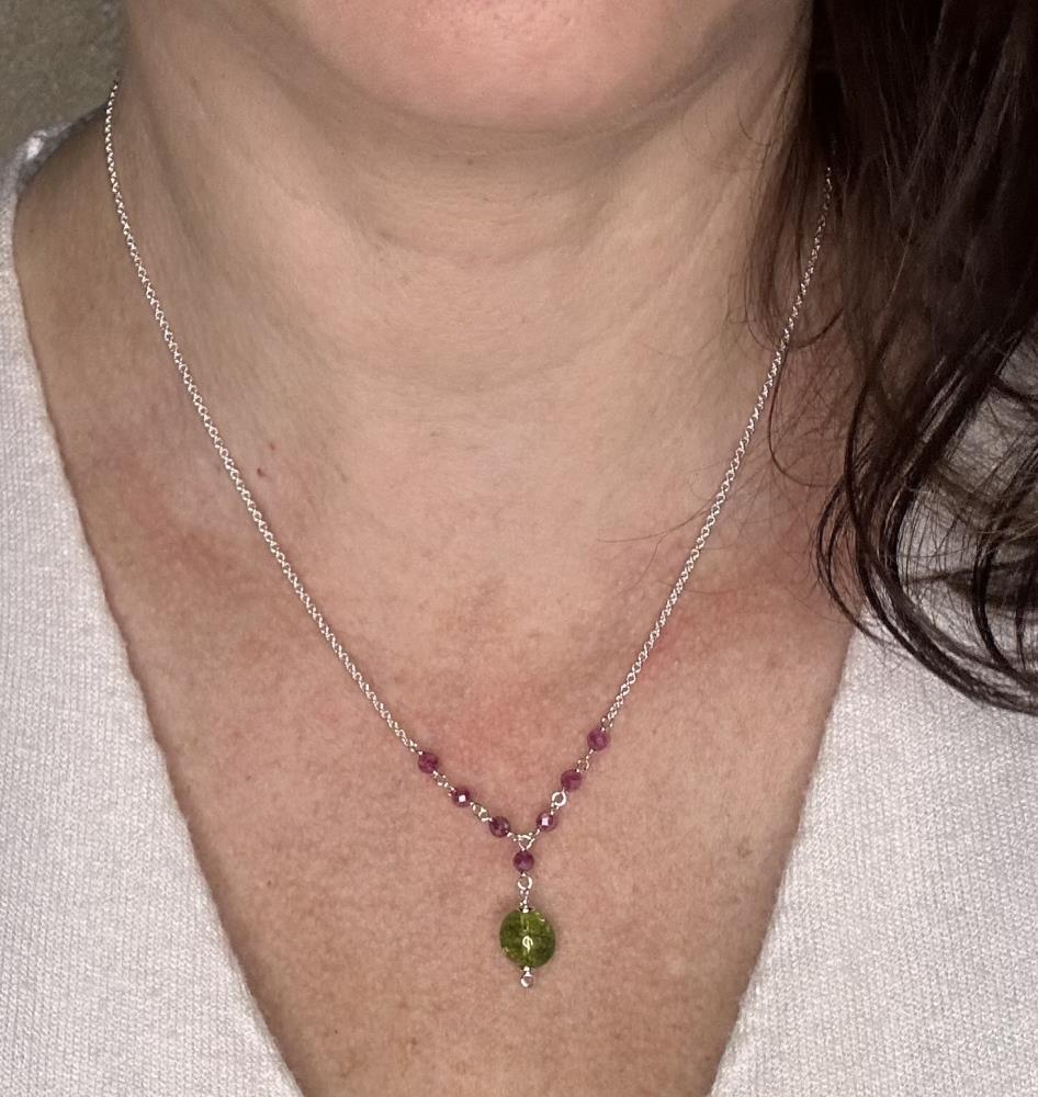 Natural silver necklace with pink natural stones and green tourmaline