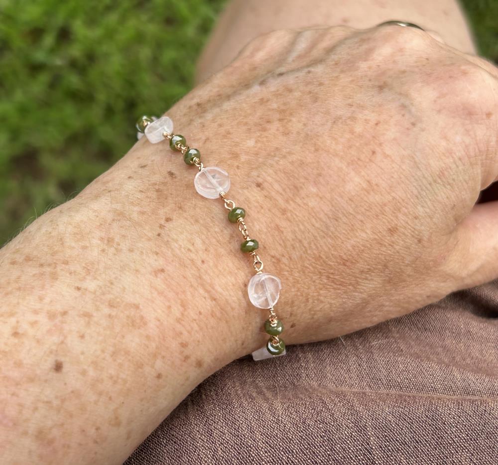 Bracciale zircone verde e quarzo rosa