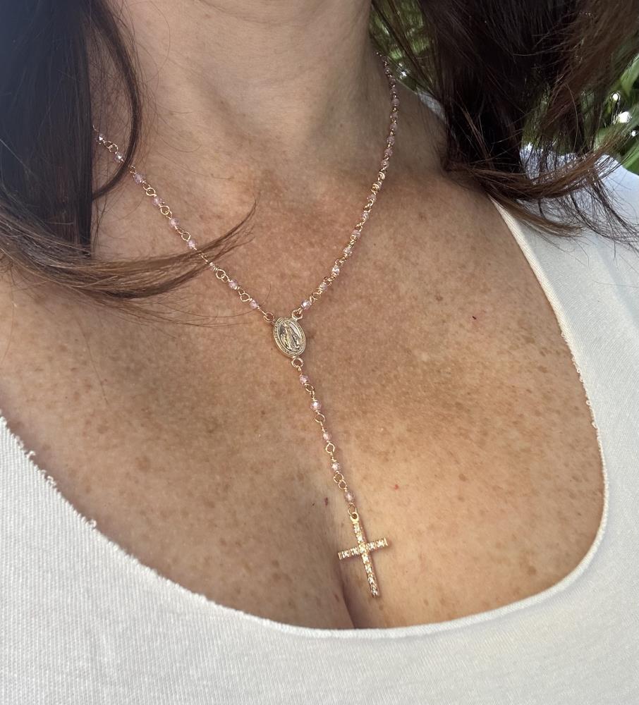 Necklace with pink zircon and cross